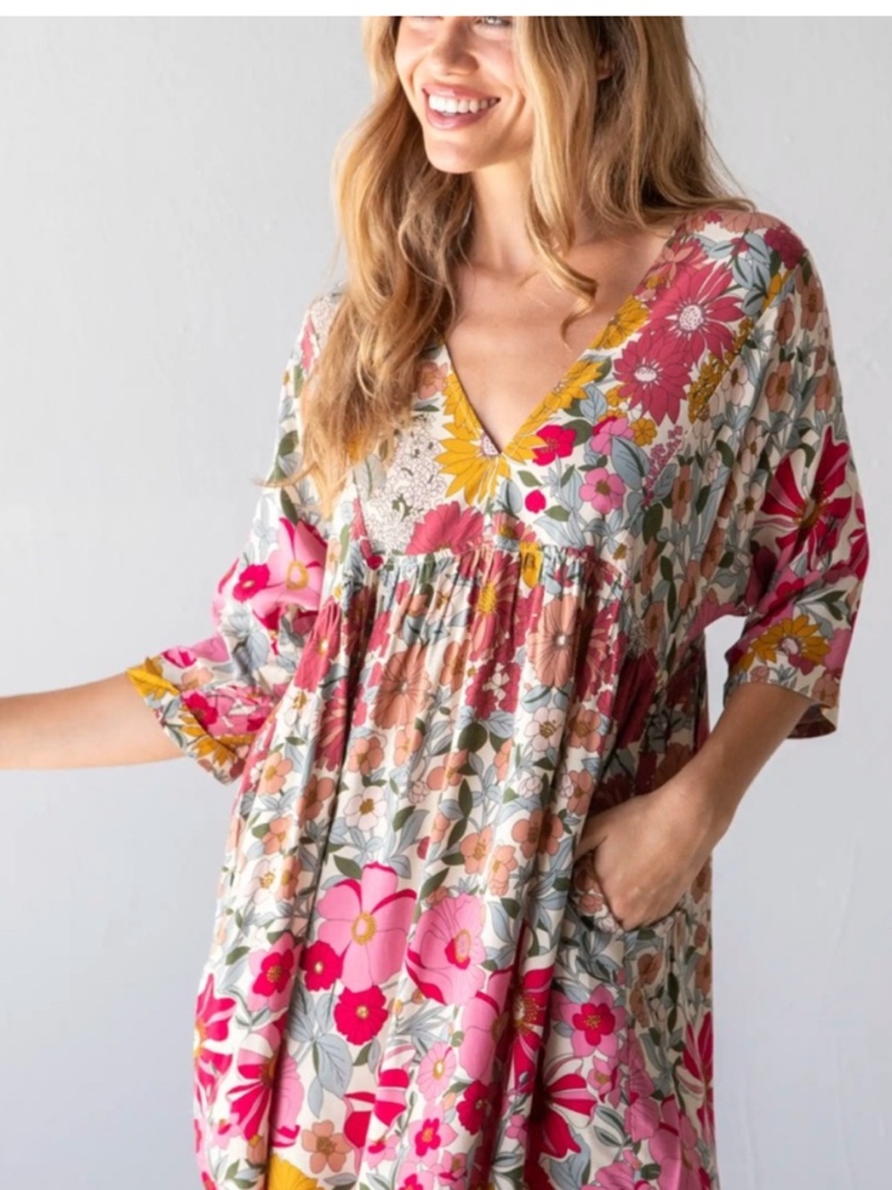 NATURAL LIFE Floral V-Neck Midi Dress in Pink, Yellow, Green, Cream